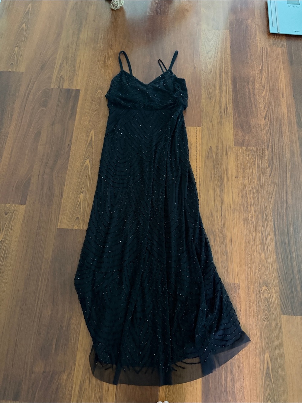 Adrianna Papell Black Beaded V-Neck Spaghetti Strap Maxi Dress